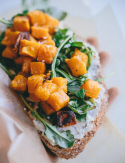 Butternut Squash Tartine with Roasted Garlic Goat Cheese and Arugula