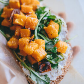 Butternut Squash Tartine with Roasted Garlic Goat Cheese and Arugula