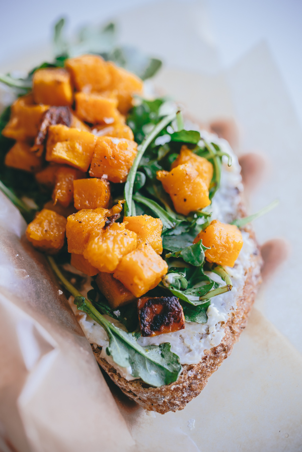 Butternut Squash Tartine with Roasted Garlic Goat Cheese and Arugula