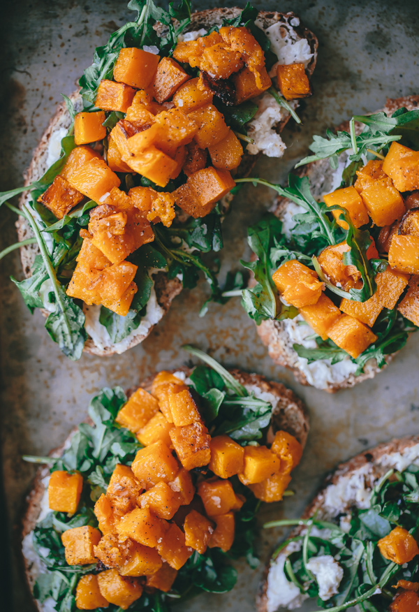 Butternut Squash Tartine with Roasted Garlic Goat Cheese and Arugula