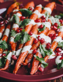 Roasted Carrots with Green Tahini Sauce and Pomegranate