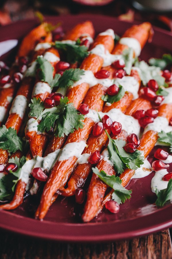 Roasted Carrots with Green Tahini Sauce and Pomegranate