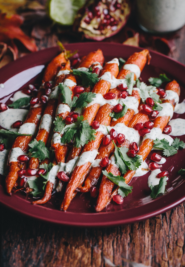 Roasted Carrots with Green Tahini Sauce and Pomegranate