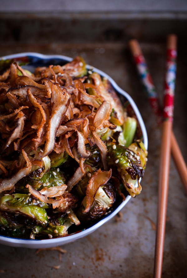 Asian Roasted Brussels Sprouts with Crispy Fried Shiitake Mushrooms A Beautiful Plate