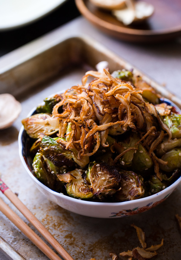 Asian Roasted Brussels Sprouts with Crispy Fried Shiitake Mushrooms