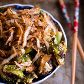 Asian Roasted Brussels Sprouts with Crispy Fried Shiitake Mushrooms