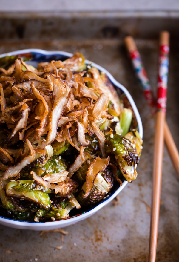 Asian Roasted Brussels Sprouts with Crispy Fried Shiitake Mushrooms