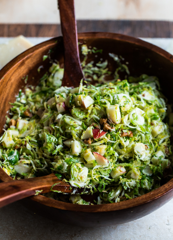 Brussels Sprouts Apple Salad with Walnuts and Cheese Crisps