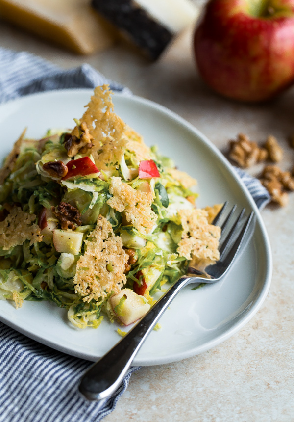 Brussels Sprouts Apple Salad with Walnuts and Cheese Crisps