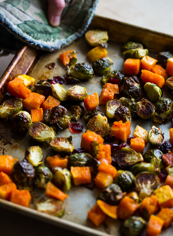 Roasted Brussels Sprouts and Squash with Dried Cranberries 