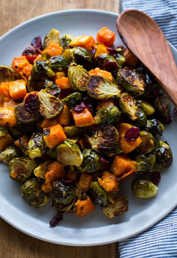 Roasted Brussels Sprouts and Squash with Dried Cranberries and Dijon Vinaigrette 