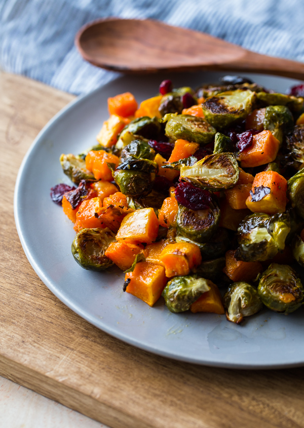 Roasted Brussels Sprouts and Squash with Dried Cranberries and Dijon Vinaigrette