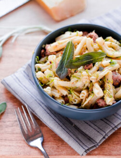 Strozzapreti with Pork Sausage, Shaved Brussel Sprouts, and Sage