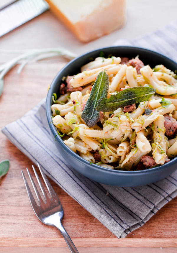 Strozzapreti with Pork Sausage, Shaved Brussel Sprouts, and Sage