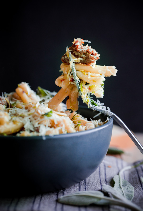 Strozzapreti with Pork Sausage, Shaved Brussel Sprouts, and Sage