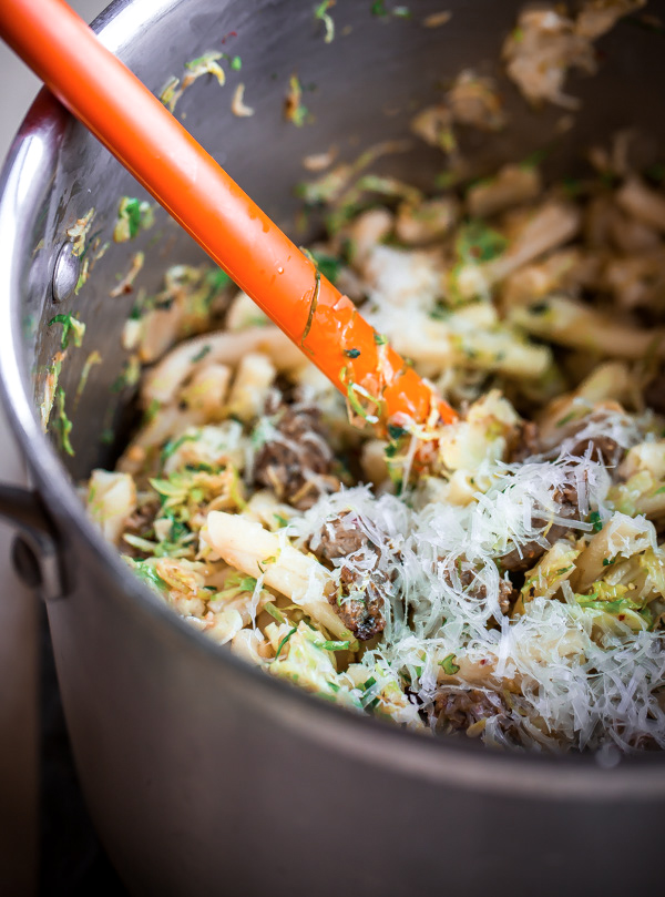 Strozzapreti with Pork Sausage, Shaved Brussel Sprouts, and Sage