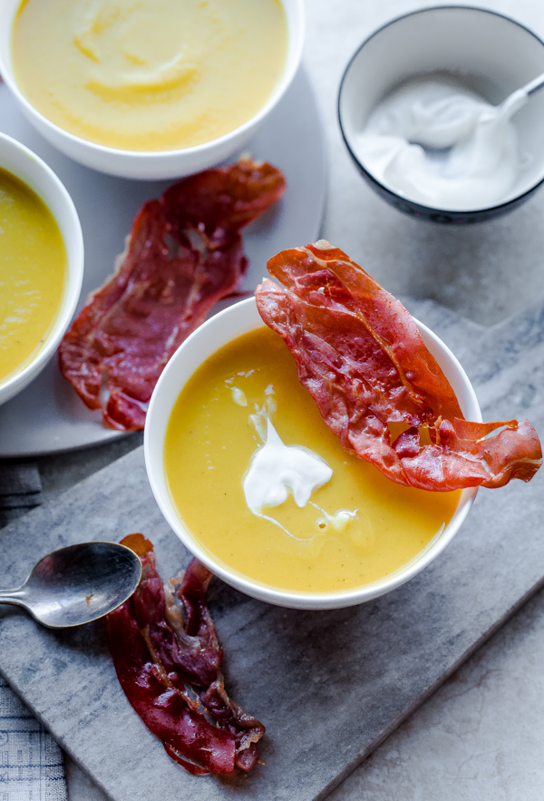 Butternut Squash and Leek Soup with Crispy Prosciutto and Creme Fraîche