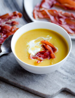 Butternut Squash and Leek Soup with Crispy Prosciutto and Creme Fraîche