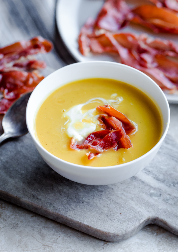 Butternut Squash and Leek Soup with Crispy Prosciutto and Creme Fraîche