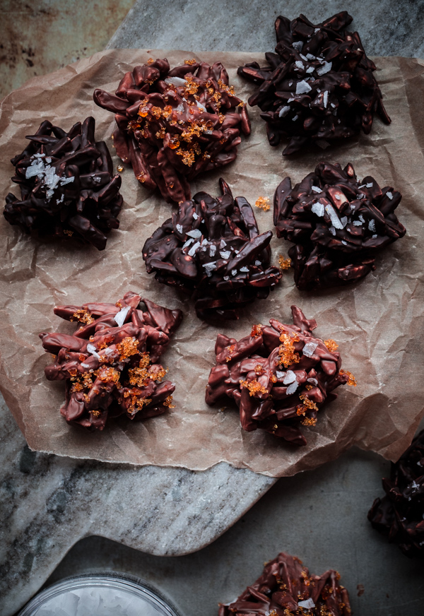 Milk and Dark Chocolate Rochers with Caramel Sugar and Sea Salt