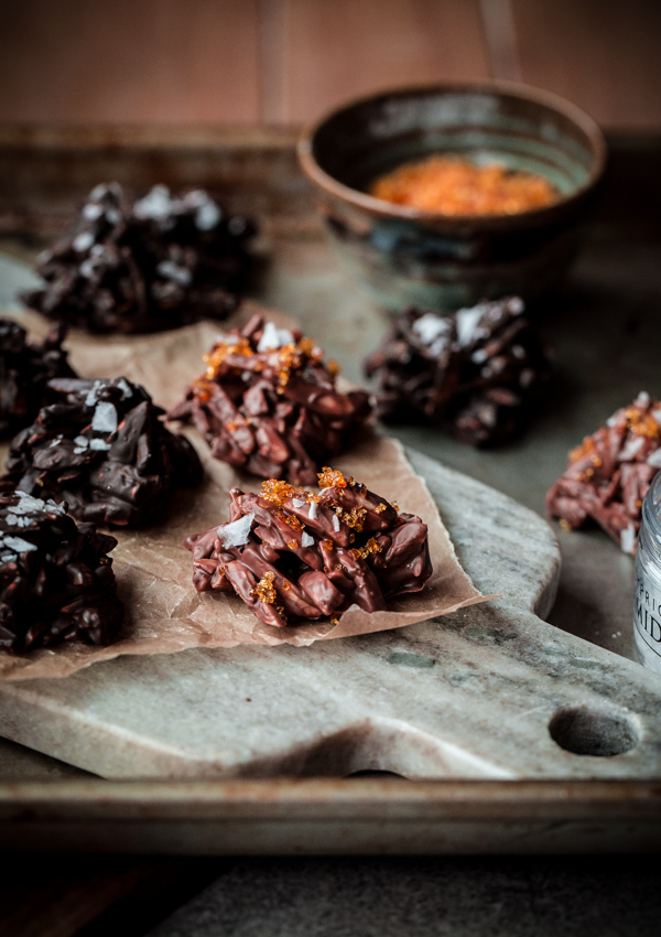 Milk and Dark Chocolate Rochers with Caramel Sugar and Sea Salt