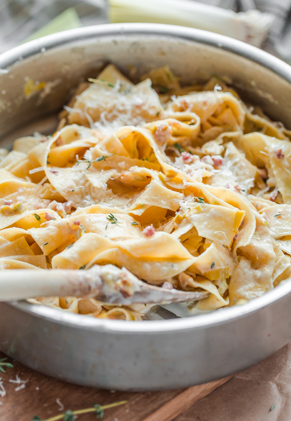 Creamy Leek and Pancetta Pappardelle Pasta in Skillet