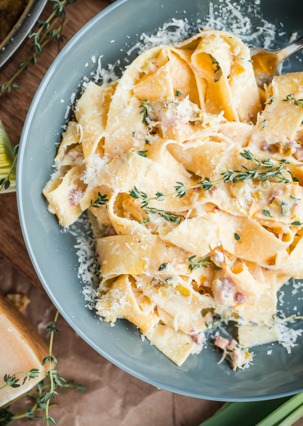 Creamy Leek and Pancetta Pappardelle Pasta! This recipe can be prepared in less than 30 minutes, and is scaled down for two!