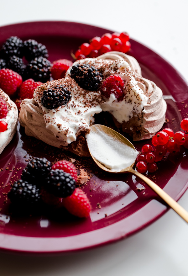 Chocolate Heart Meringue Cups with Whipped Cream and Berries. An elegant, simple dessert for Valentine's Day! 