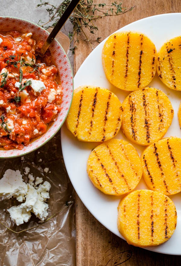 Grilled Polenta Bites with Roasted Red Pepper, Feta, and Thyme 