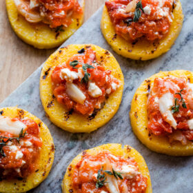 Grilled Polenta Bites with Roasted Red Pepper, Feta, and Thyme