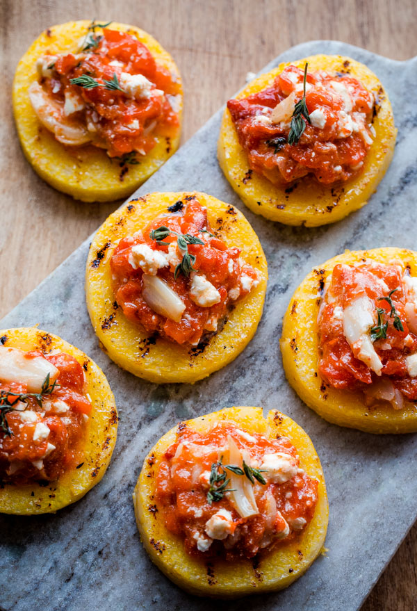 Grilled Polenta Bites with Roasted Red Pepper, Feta, and Thyme 