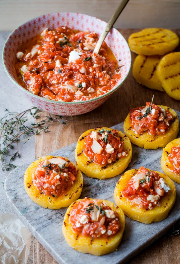 Grilled Polenta Bites with Roasted Red Pepper, Feta, and Thyme 