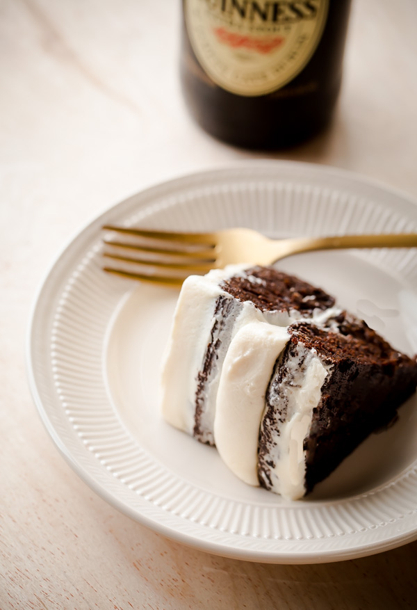 Slice of Guinness Stout Cake with Bailey's Cream Cheese Frosting