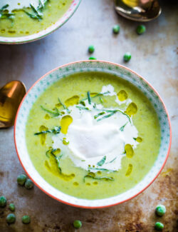 Chunky Pea and Leek Soup with Poached Eggs