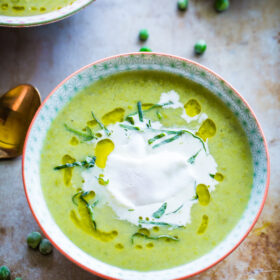 Chunky Pea and Leek Soup with Poached Eggs