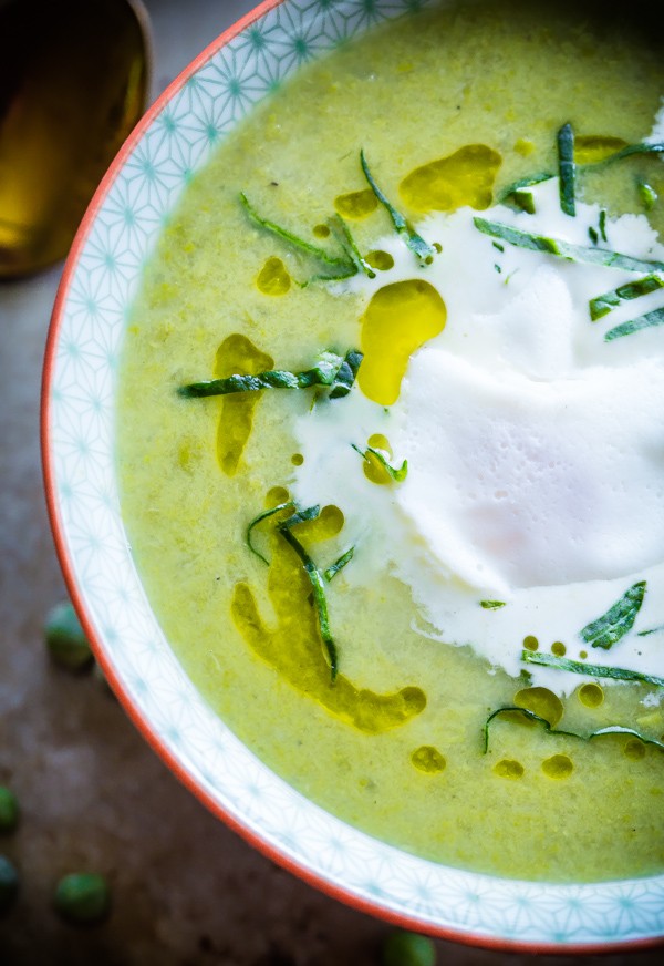 Chunky Pea and Leek Soup with Poached Eggs