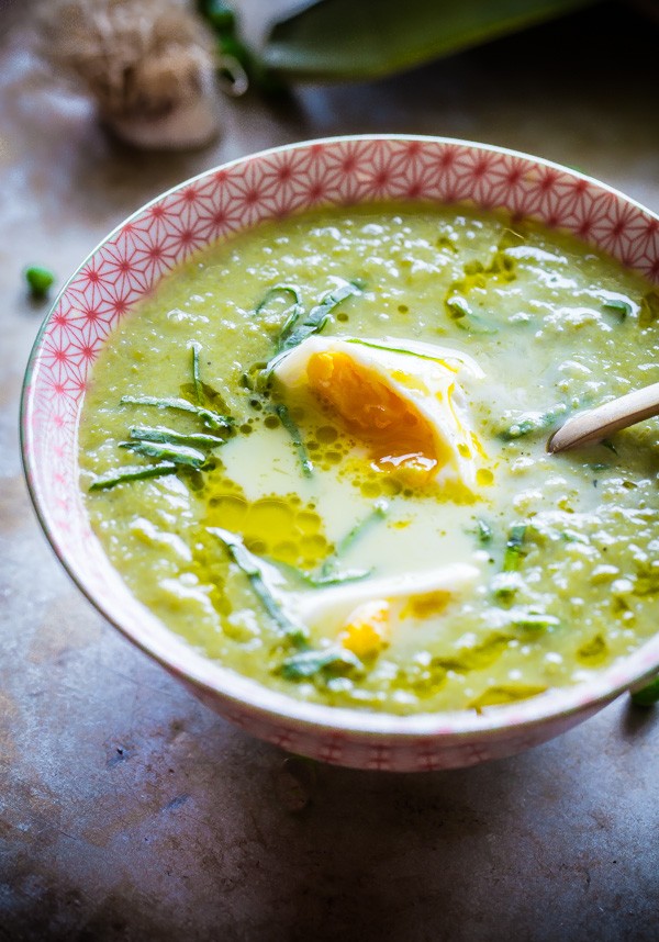 Chunky Pea and Leek Soup with Poached Eggs