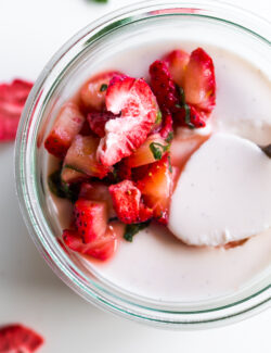 Strawberry Panna Cotta with Macerated Strawberries and Basil