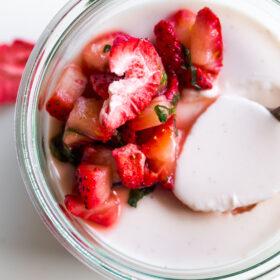 Strawberry Panna Cotta with Macerated Strawberries and Basil