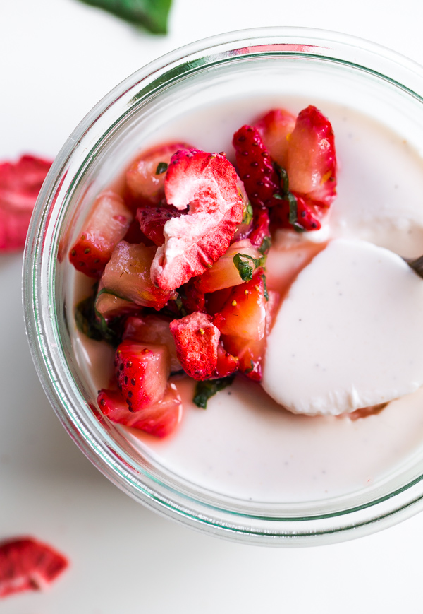 Strawberry Panna Cotta with Macerated Strawberries and Basil