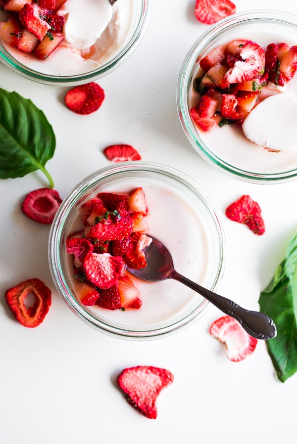 Strawberry Panna Cotta with Macerated Strawberries and Basil