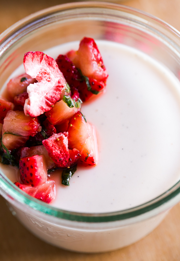 Strawberry Buttermilk Panna Cotta with Macerated Strawberries and Basil