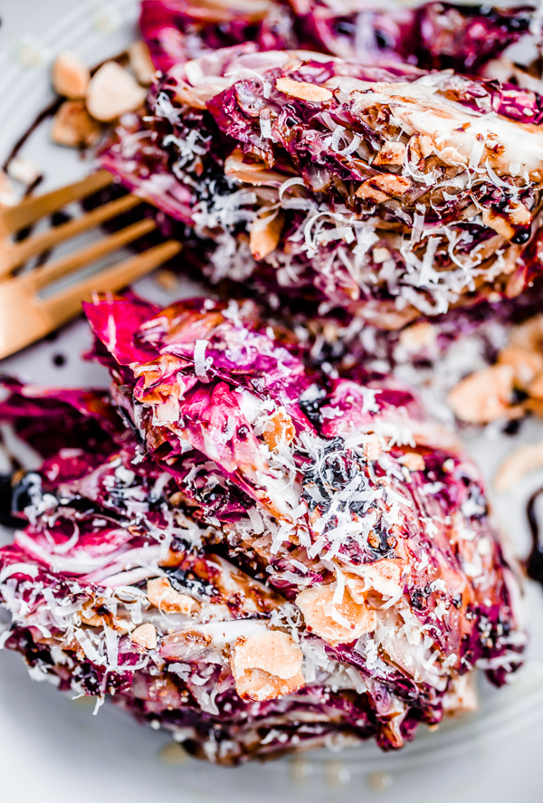 Grilled Radicchio with Fig Balsamic Syrup, Parmigiano, and Honey-Roasted Almonds