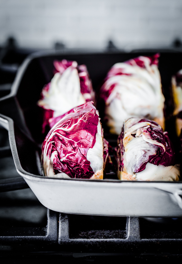 Grilled Radicchio with Fig Balsamic Syrup, Parmigiano, and Honey-Roasted Almonds