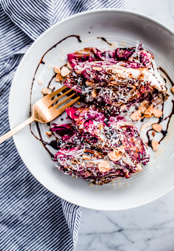 Grilled Radicchio with Fig Balsamic Syrup, Parmigiano, and Honey-Roasted Almonds