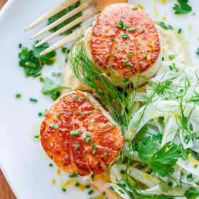 Seared Bay Scallops with Hummus and Fennel Salad