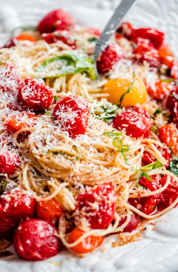 Spaghettini with Roasted Tomatoes, Fresh Basil, and Toasted Garlic Breadcrumbs