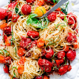 Spaghettini with Roasted Tomatoes, Basil, and Crispy Breadcrumbs