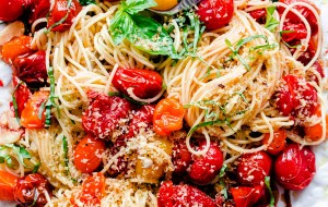 Spaghettini with Roasted Tomatoes, Basil, and Crispy Breadcrumbs