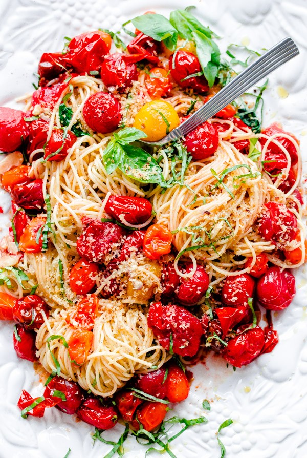 Spaghettini with Roasted Tomatoes, Fresh Basil, and Toasted Garlic Breadcrumbs